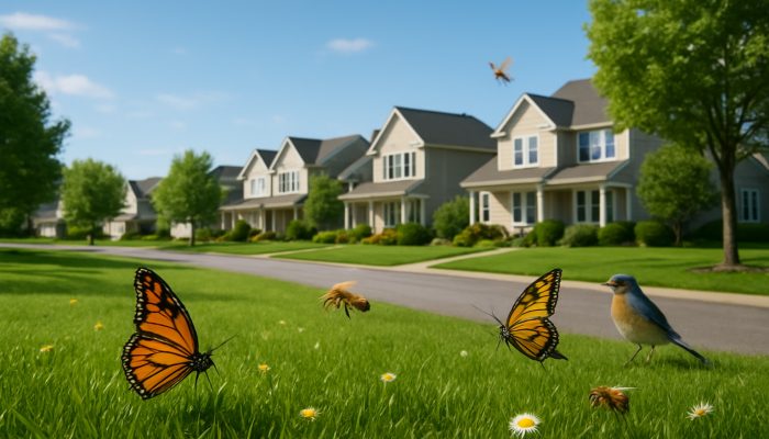 A charming Ilchester neighbourhood displaying vibrant lawns, butterflies, bees, and songbirds under clear skies.