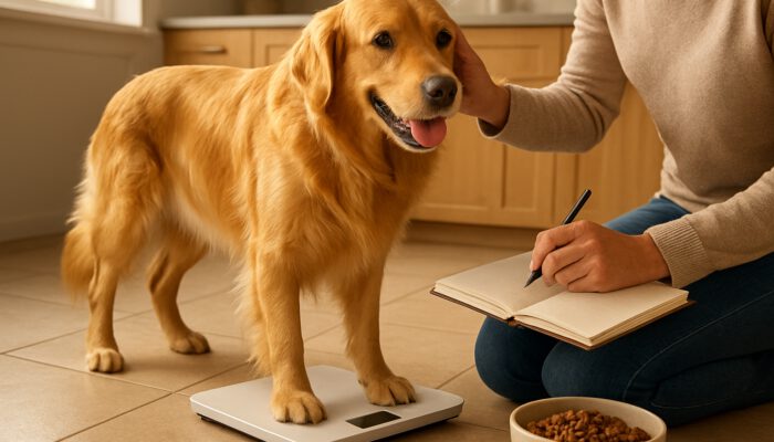 Owner weighs energetic golden retriever on scale while assessing coat condition in a sunlit kitchen