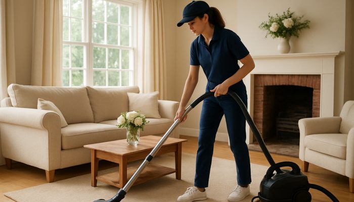 Professional cleaner vacuuming a sunlit living room in a warm Martock cottage adorned with fresh flowers.