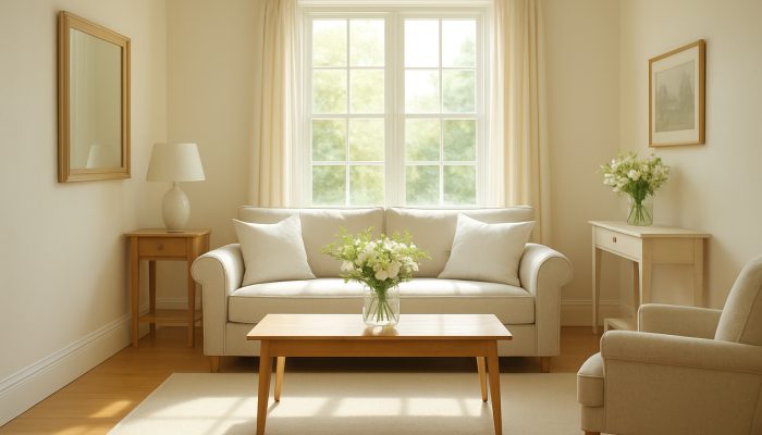 Sunlit pristine Martock cottage interior featuring gleaming floors, fresh flowers, and crisp linens following professional cleaning.