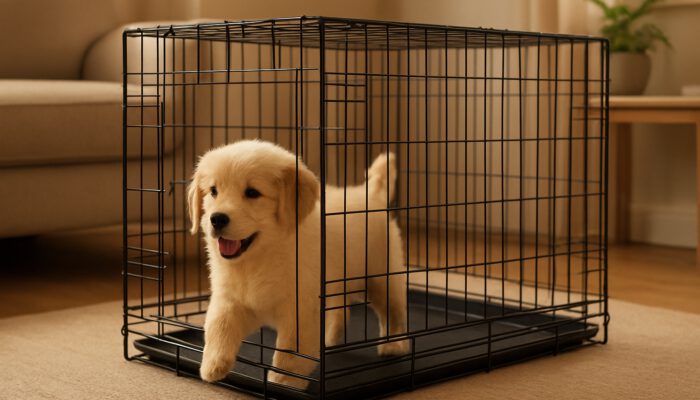 Fluffy puppy happily entering a cozy wire crate with smooth sliding doors in a warm home.