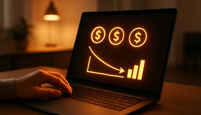 Setting up Automatic Extra Payments: Your Complete Guide | DCL Hands configuring automatic extra payments on a laptop, with a declining debt graph in a contemporary office setting