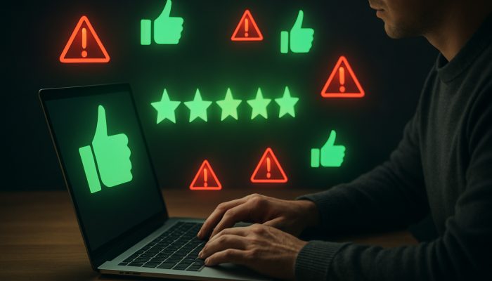 Setting up Automatic Extra Payments: Your Complete Guide | DCL Individual at a laptop reviewing positive Trustpilot feedback with green thumbs-up and red warning icons for banking reliability.