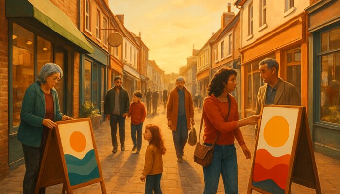 Diverse locals and visitors engaging with personalised marketing signs on Nailsea's bustling high street.