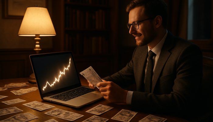 British professional analysing glowing financial charts on a laptop in a cosy London study following a windfall with pound notes.