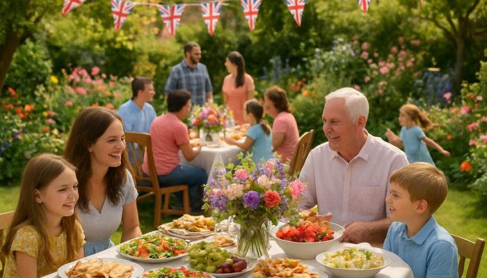 Celebrating Milestones Safely and Economically: UK Tips | DCL Families enjoying a vibrant British garden party with floral centrepieces and catering platters for milestone celebrations.