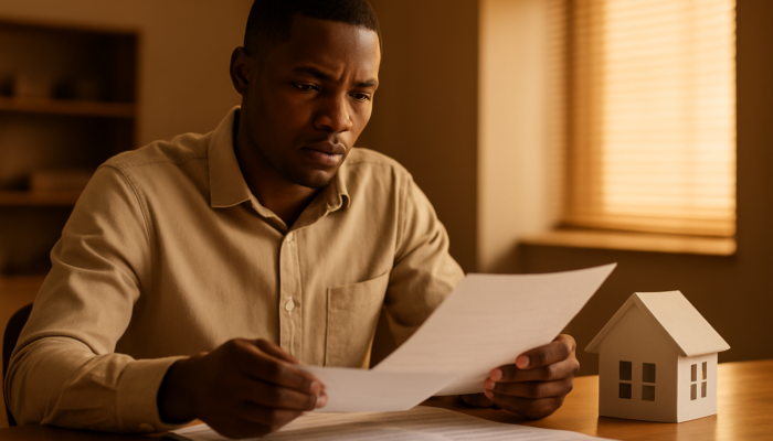 Determined South African applicant reviewing payslips and contracts for a home loan at the bank.