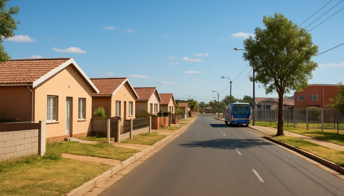 Vibrant suburban street in Springs, South Africa, featuring modest entry-level homes conveniently located near educational institutions and shopping facilities.