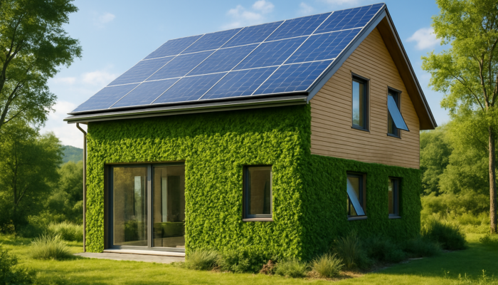 Modern eco-friendly house featuring solar panels, green walls, and smart windows set against a tranquil landscape.