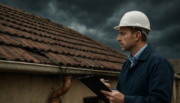 Professional inspector evaluates a damaged roof and exposed wiring on an older South African home in Springs under a stormy sky.