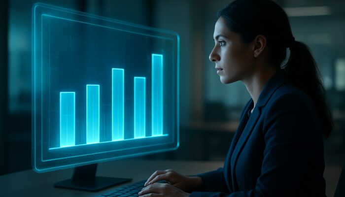Marketer examining a holographic dashboard that displays glowing bar charts comparing video ad engagement metrics to industry benchmarks.
