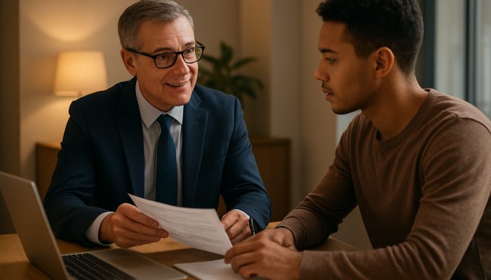 UK financial advisor guiding gig worker through debt consolidation documents in modern office