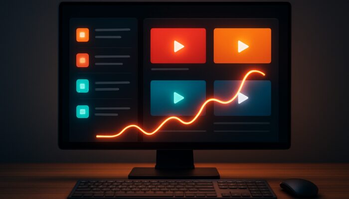 YouTube creator dashboard with organised playlists, video thumbnails, and retention metrics for audience loyalty.