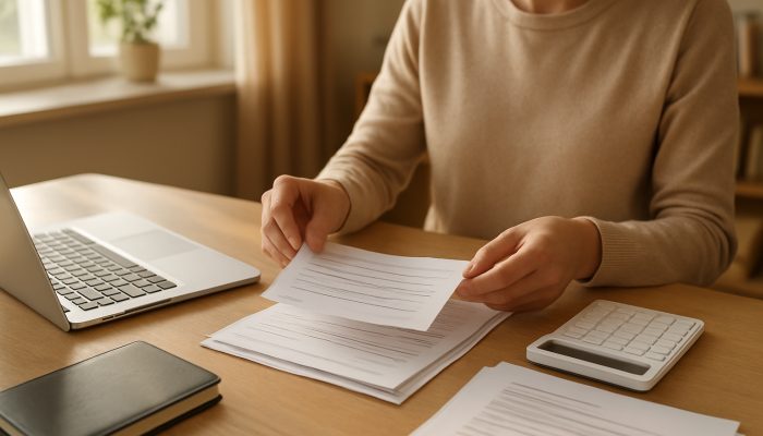 Engaging with Credit Unions About Your Financial Situation | DCL Individual organising payslips and financial documents on a sunlit home office desk with laptop for credit union preparations.