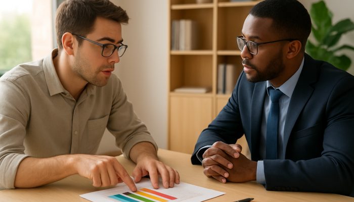 Engaging with Credit Unions About Your Financial Situation | DCL Borrower points to a colourful debt interest rate chart while negotiating repayment with an advisor in a sunlit office.