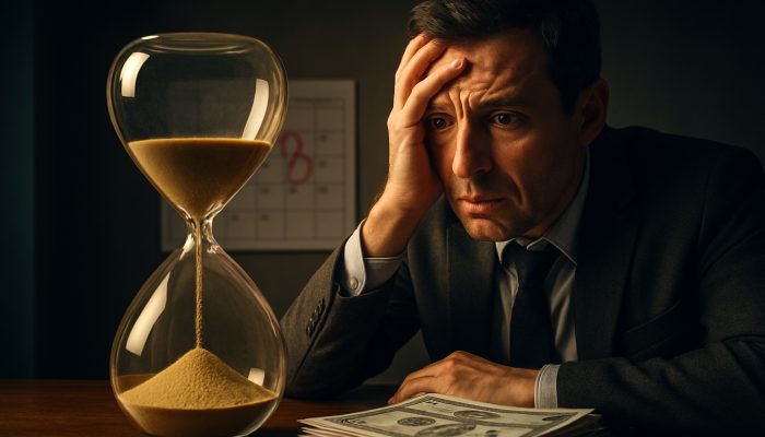 Anxious taxpayer witnesses HMRC refund checks spill from hourglass beside red deadline calendar.