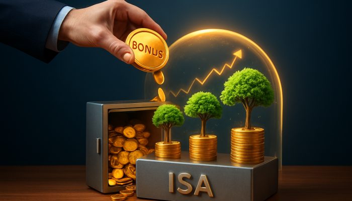 Investor pouring golden bonus into Stocks and Shares ISA vault with flourishing money trees and rising charts