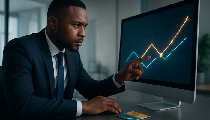 Calculating Breakeven Points on New Credit: Practical Guidance | DCL Expert analysing glowing financial graphs and credit cards to identify breakeven point on new credit.