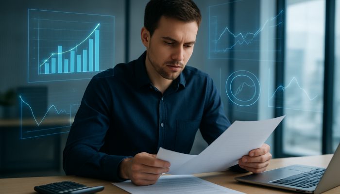 Calculating Breakeven Points on New Credit: Practical Guidance | DCL UK borrower analysing credit documentation with holographic breakeven charts in a modern office environment